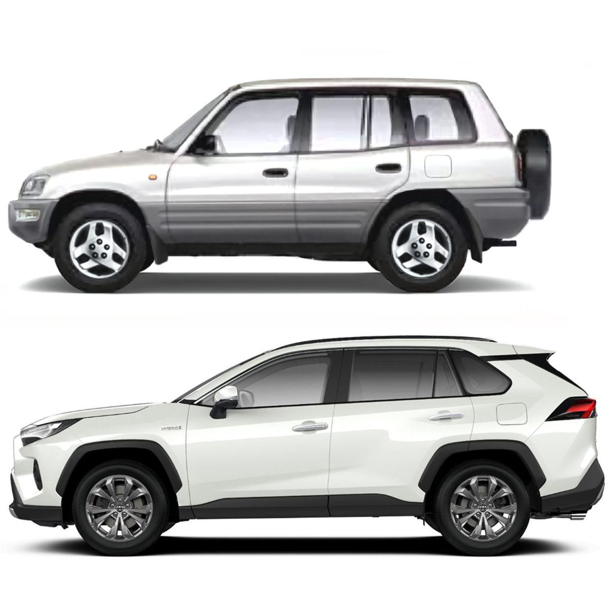 Side view of the 1998 Toyota RAV4 and the 2024 Toyota RAV4