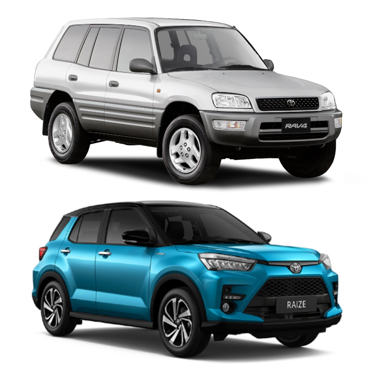 Front quarter view of the 1998 Toyota RAV4 and the 2024 Toyota Raize