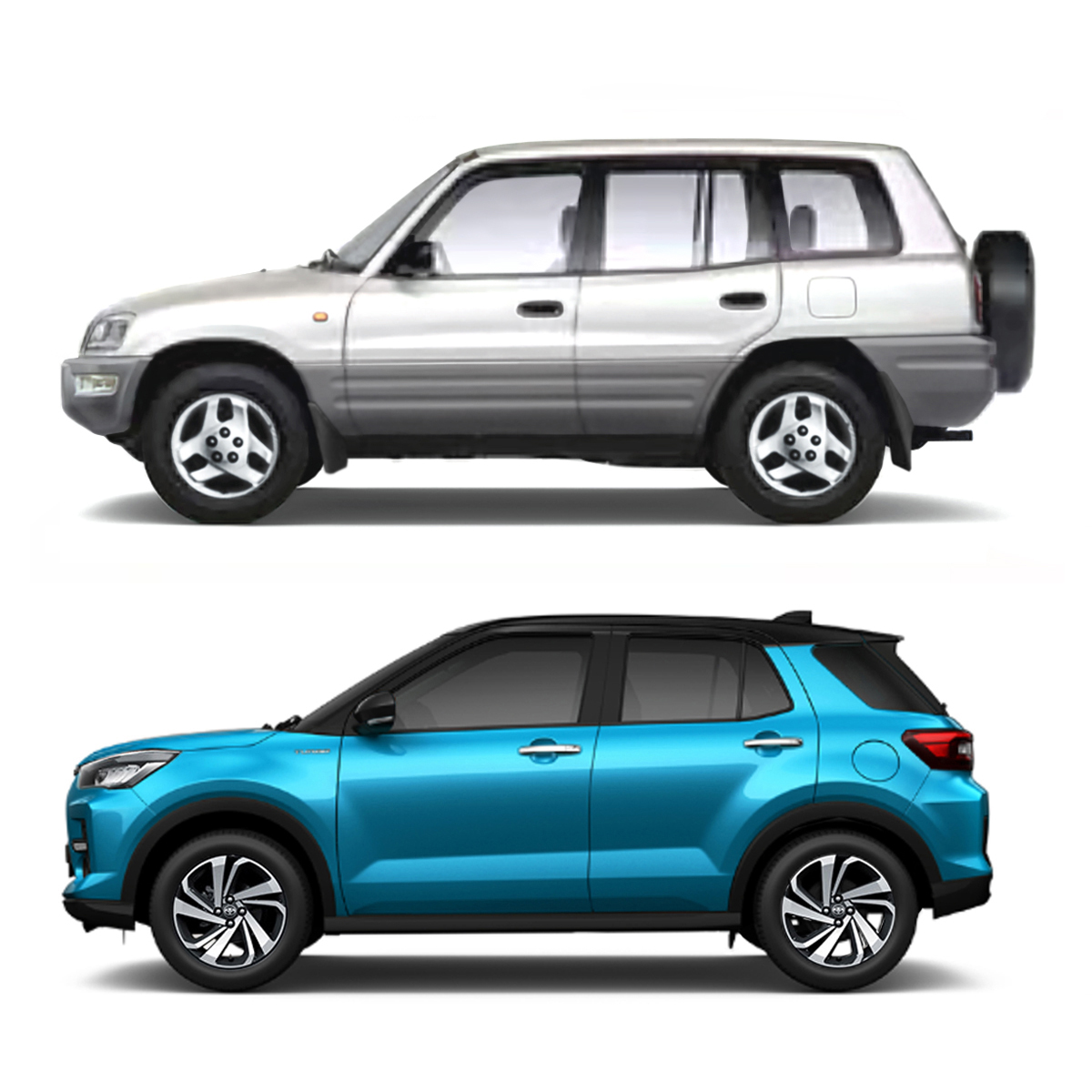 Side view of the 1998 Toyota RAV4 and the 2024 Toyota Raize