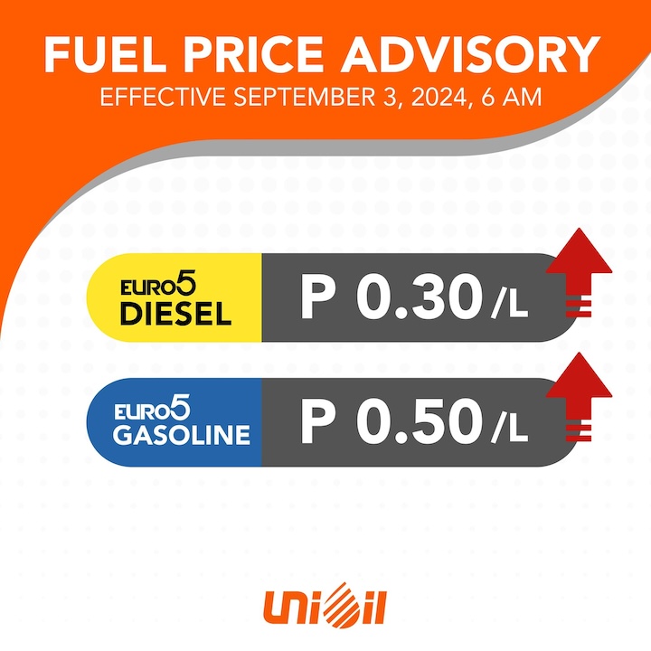 Advisory sa presyo ng Unioil fuel para sa linggo ng Setyembre 3 hanggang 9, 2024