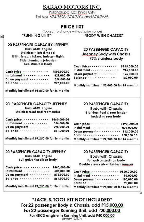 Sarao Motors' price list A listing of Sarao jeepney prices
