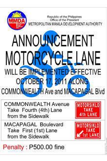 TopGear.com.ph Philippine Car News - MMDA to implement motorcycle lanes on Commonwealth, Macapagal Avenues next week