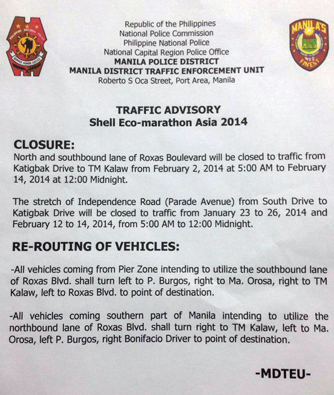 Manila Police District traffic advisory