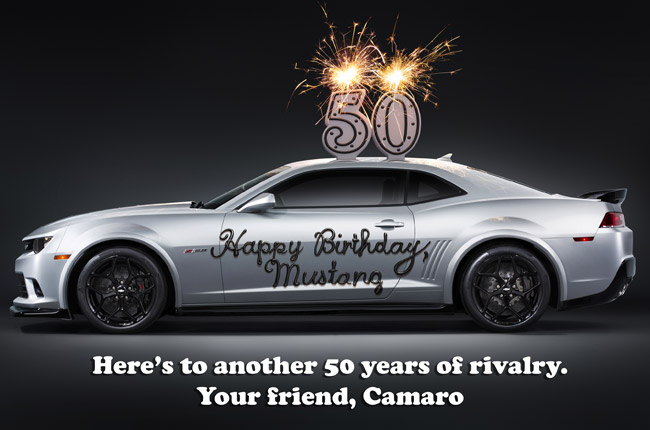 Chevrolet Camaro greets Ford Mustang happy 50th birthday