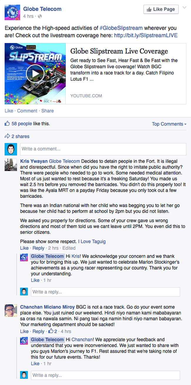 Globe Telecom's Facebook page