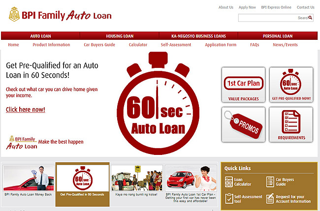 BPI Family Savings Bank lets you get a car loan pre-qualification in 60 seconds BPI Family Savings Bank lets you get a car loan pre-qualification in 60 seconds