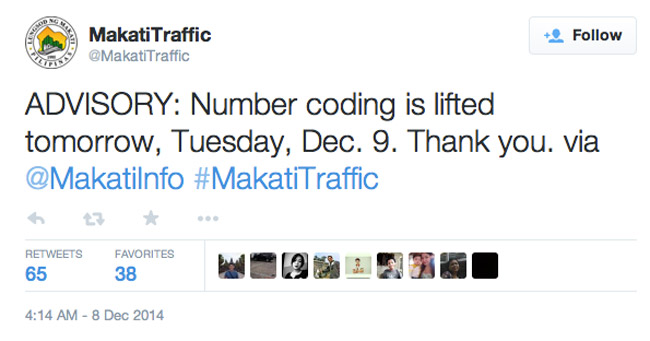 Makati Traffic tweets number-coding is lifted on December 9, 2014