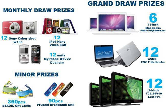 TopGear.com.ph Philippine Car News – Seaoil Extreme Gadget Bonanza promo prizes: Seaoil gift cards, Globe Tattoo broadband prepaid kits, MyPhone QTV22 dual-SIM mobile phones, 12 8GB iPod Nano Video players, 12 Sony W180 Cybershot digital cameras, 12 24-inch TCL LCD TVs, 12 Aus 1201T netbooks, 6 13-inch MacBooks
