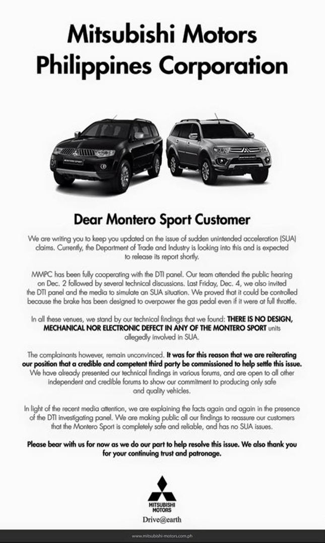Mitsubishi Motors Philippines statement