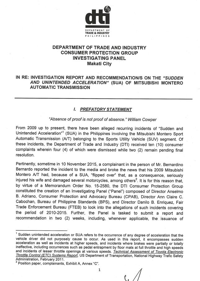 DTI report on Mitsubishi Montero Sport's SUA case