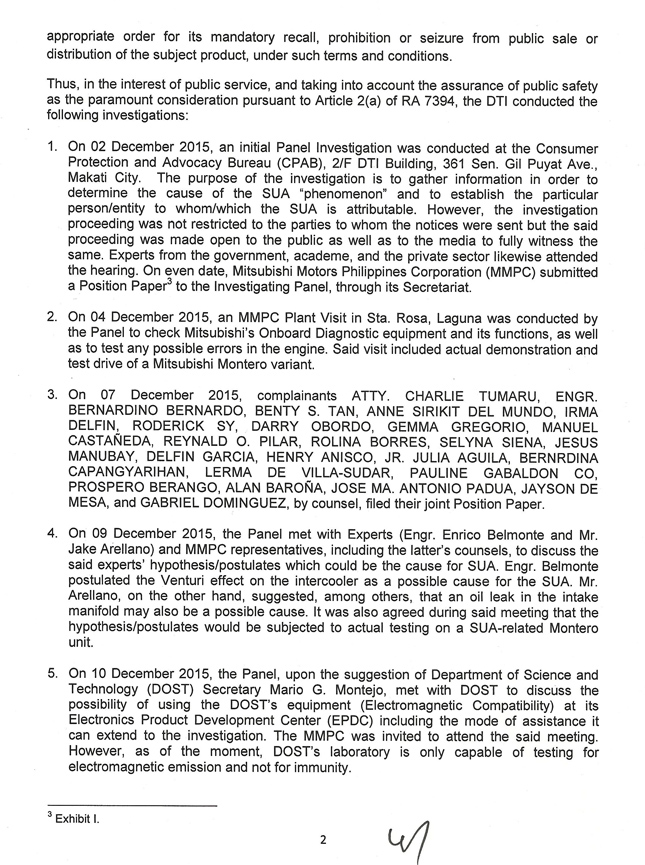 DTI report on Mitsubishi Montero Sport's SUA case