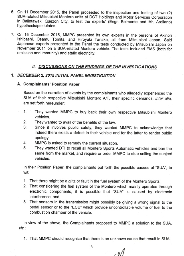 DTI report on Mitsubishi Montero Sport's SUA case