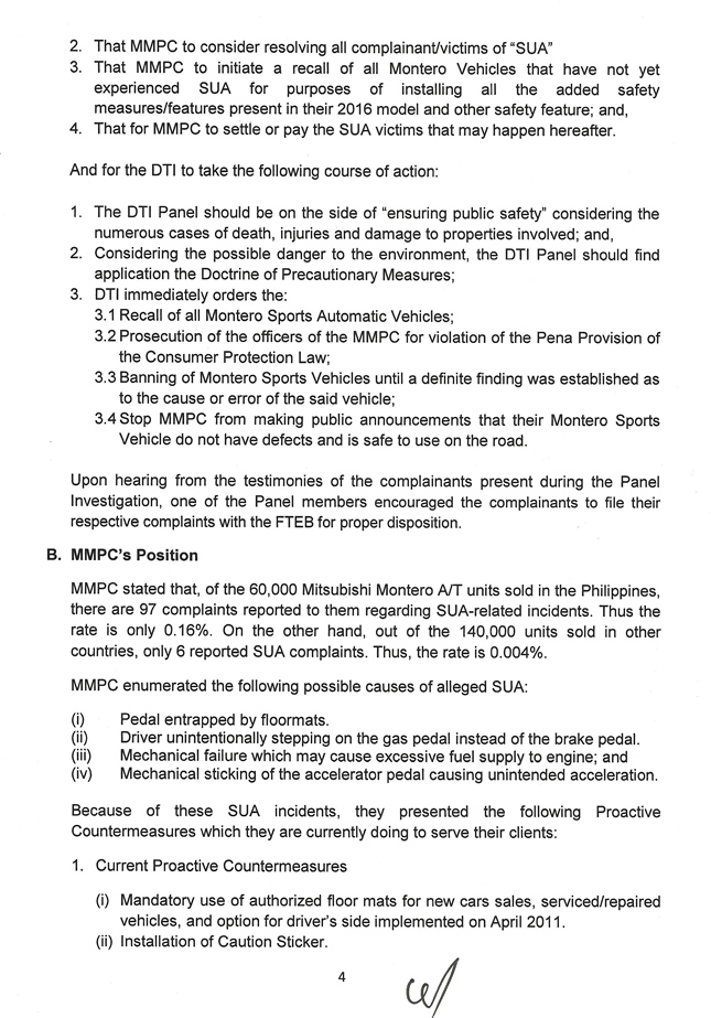 DTI report on Mitsubishi Montero Sport's SUA case