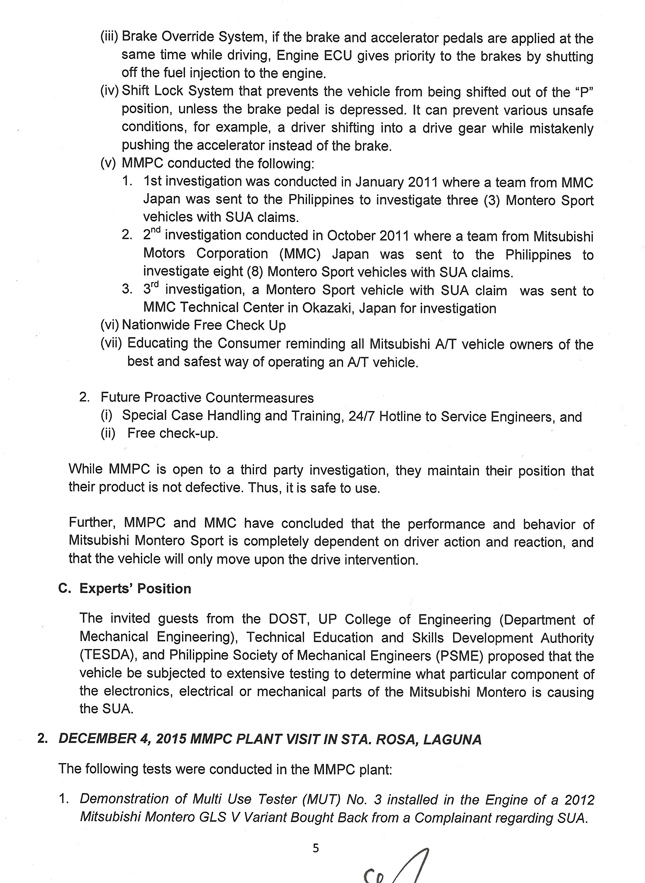 DTI report on Mitsubishi Montero Sport's SUA case