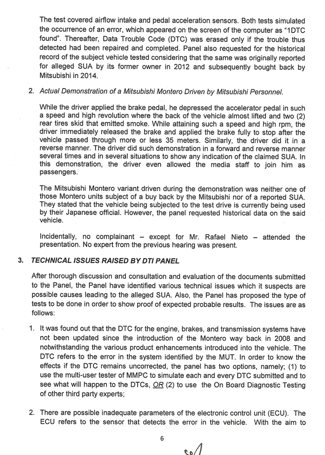 DTI report on Mitsubishi Montero Sport's SUA case