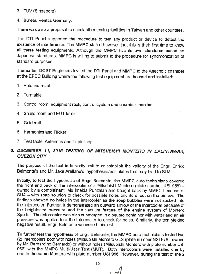 DTI report on Mitsubishi Montero Sport's SUA case