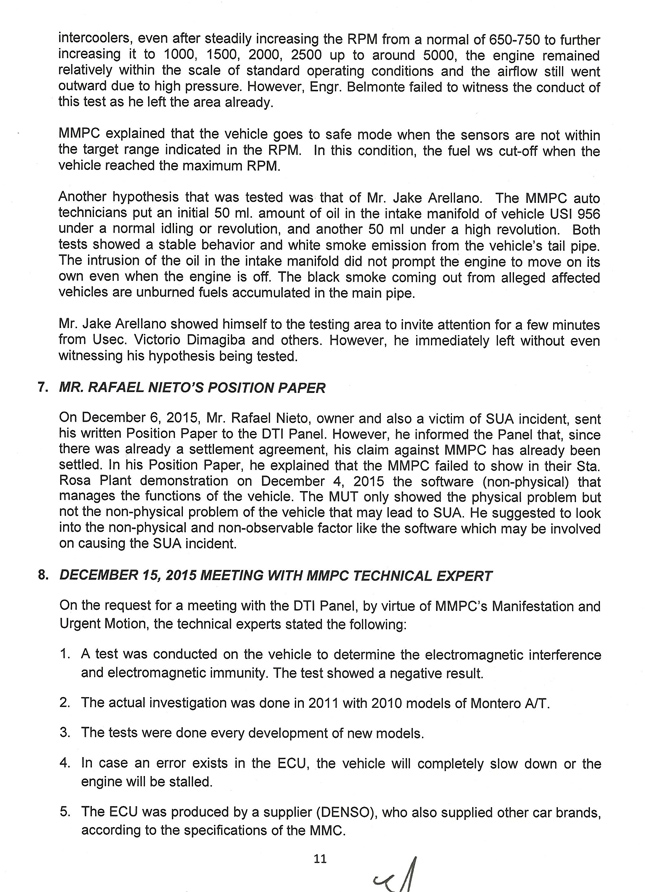 DTI report on Mitsubishi Montero Sport's SUA case
