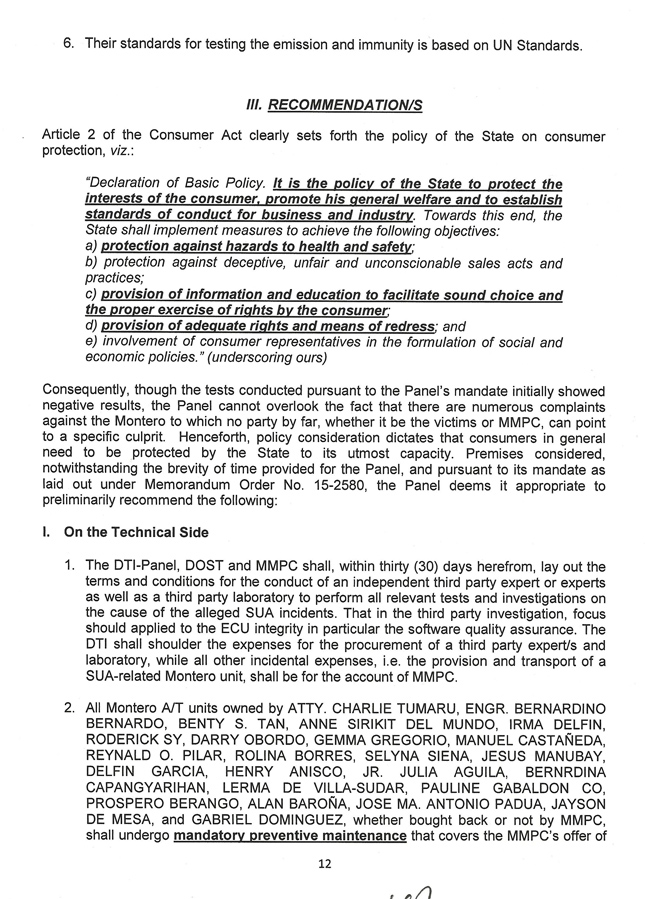 DTI report on Mitsubishi Montero Sport's SUA case