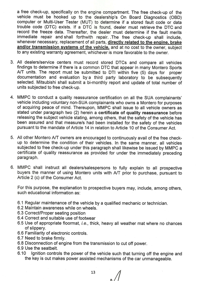 DTI report on Mitsubishi Montero Sport's SUA case