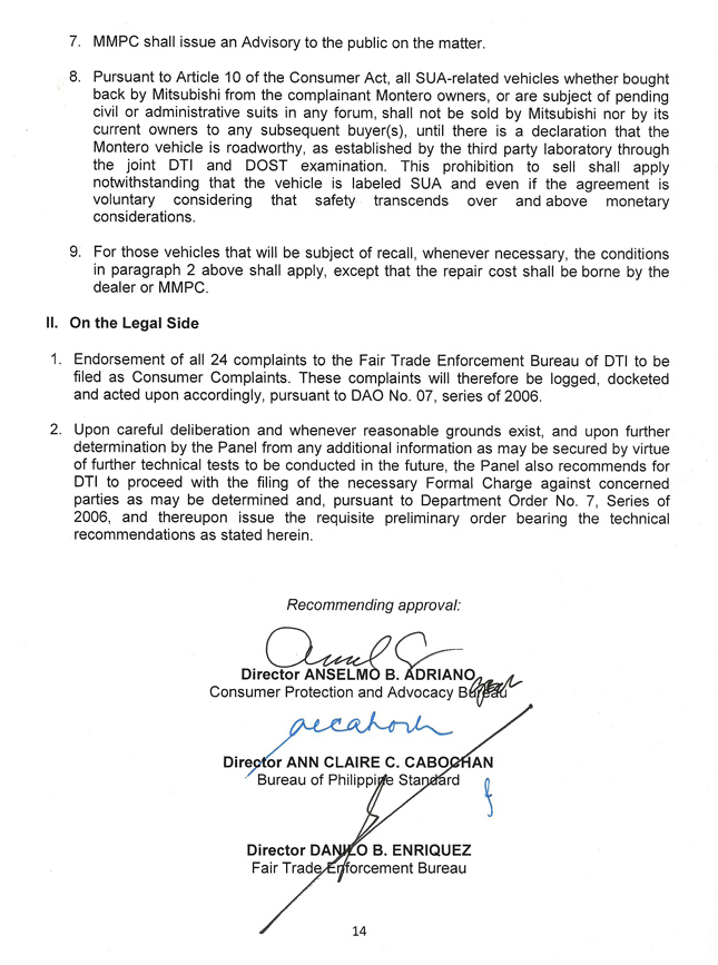 DTI report on Mitsubishi Montero Sport's SUA case