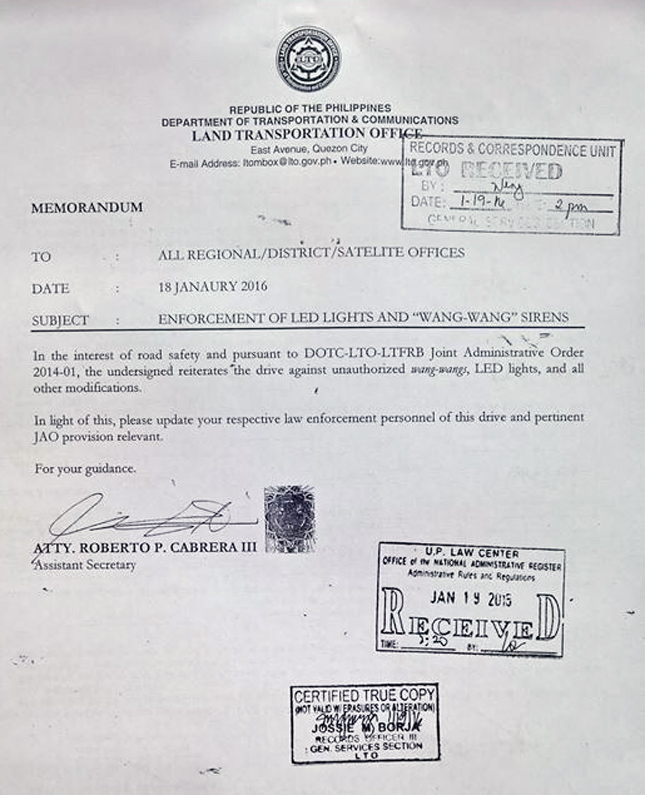 Land Transportation Office memo on LED lights